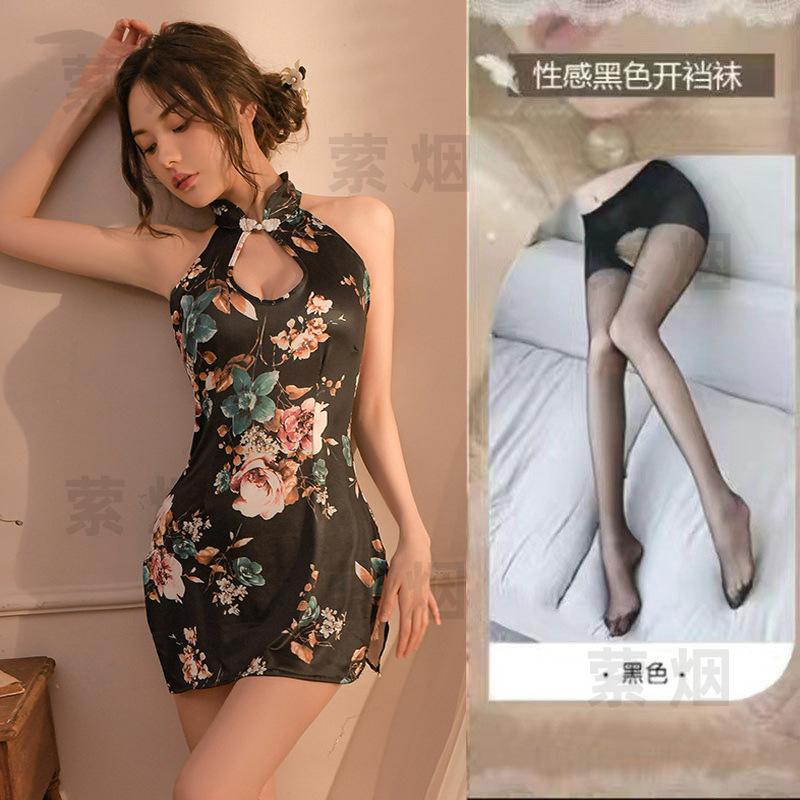 Sex underwear printed retro cheongsam passion hollow temptation split end sleeveless slim uniform suit hanging neck