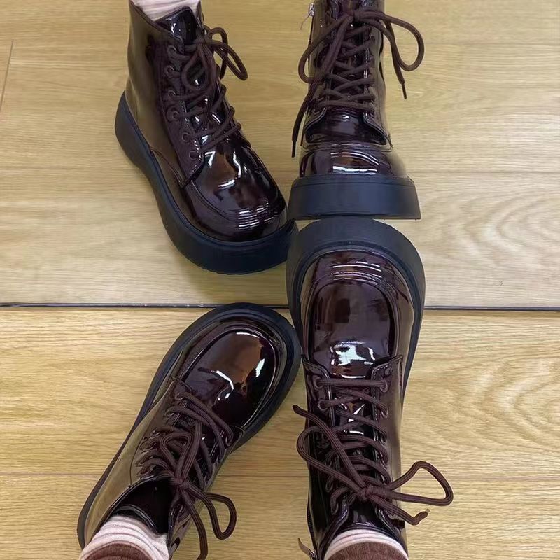 Niche design sense solid color simple small leather shoes 0000 autumn new versatile thick sole heightening lace-up single shoes women