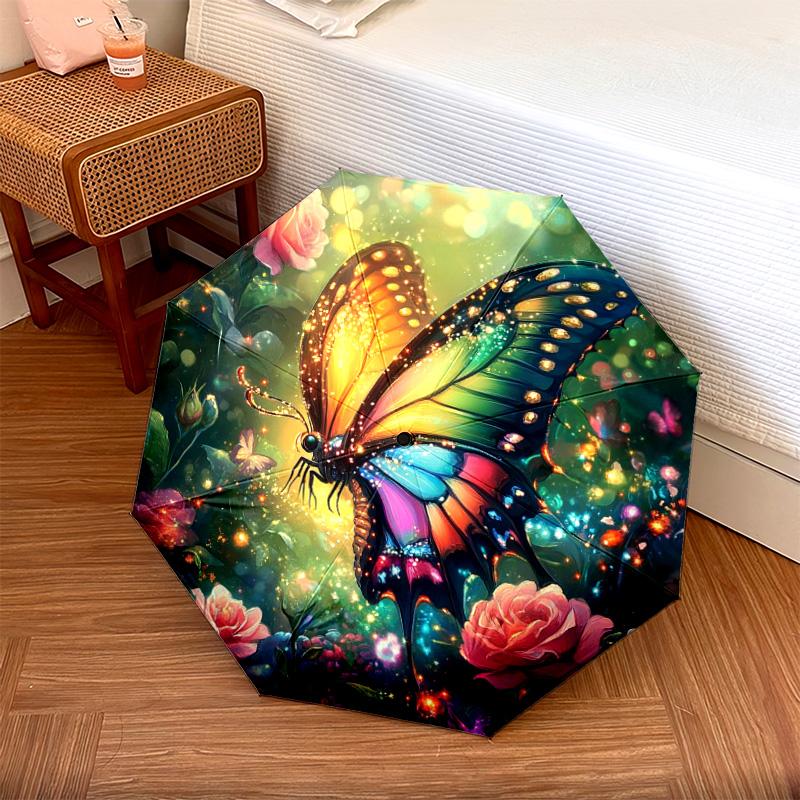 1 PC Automatic Folding Umbrella - Butterfly Garden Pattern, Portable & Foldable Design with 8 Ribs, Christmas Birthday Gifts