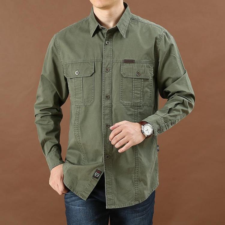 Solid Color Long Sleeve Casual Shirt for Men Loose Fit XXXL армия зеленый