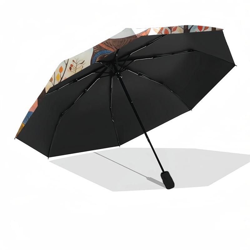 1pc Owl Forest Automatic Folding Umbrella, Heavy Duty 8 Rib Iron Frame,  Suitable for Travel, Daily Use, Birthday, Decor Gift  09