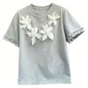 Chest 3D Flower Women's T-shirt Grey Round Neck Short Sleeved Ruffled Edge Tees Summer New Version Loose Casual Woman Top