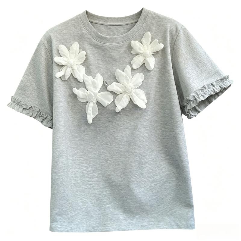 Chest 3D Flower Women's T-shirt Grey Round Neck Short Sleeved Ruffled Edge Tees Summer New Version Loose Casual Woman Top
