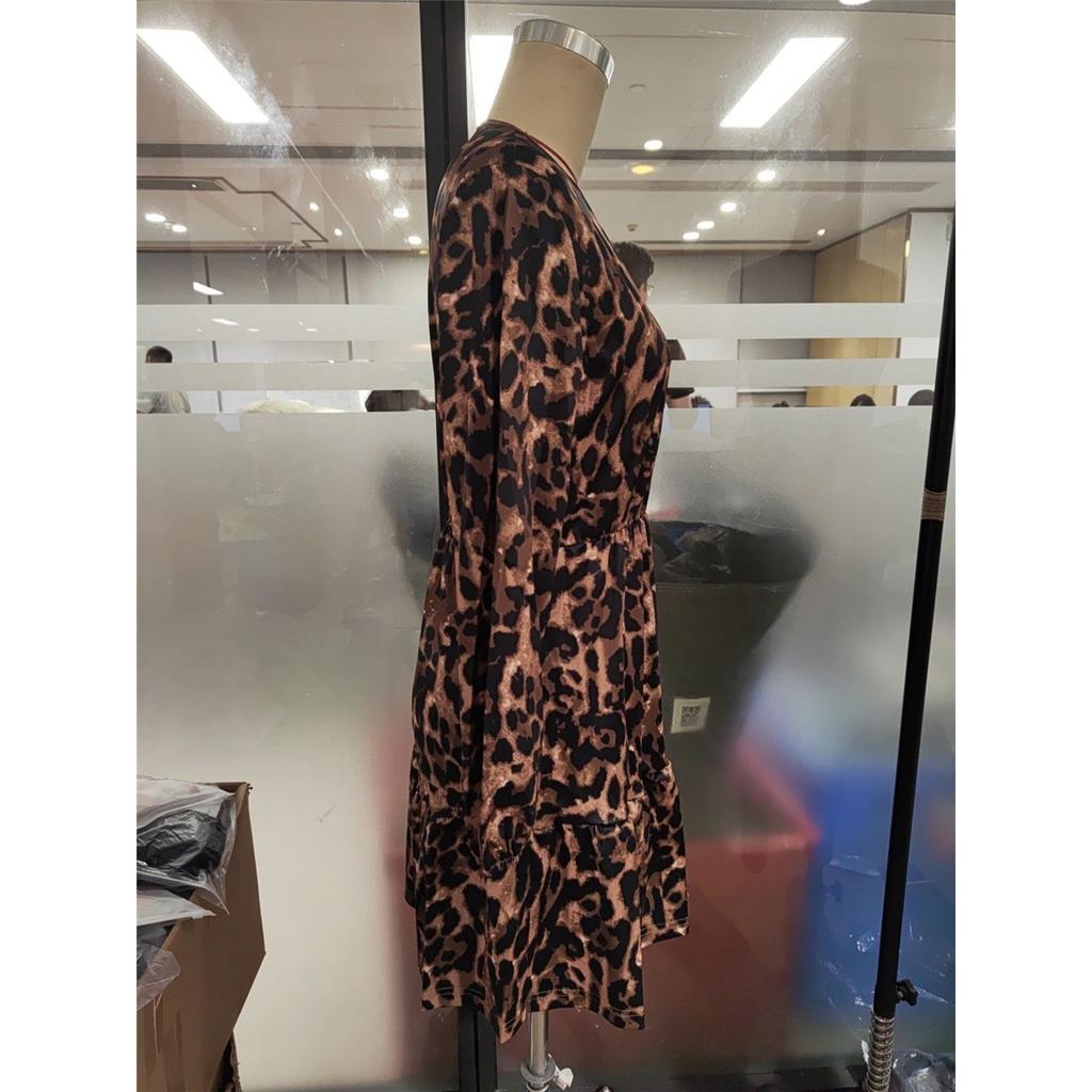 Women's Long-sleeved V-neck Casual Waist-hugging Leopard Print Knee-length Dress