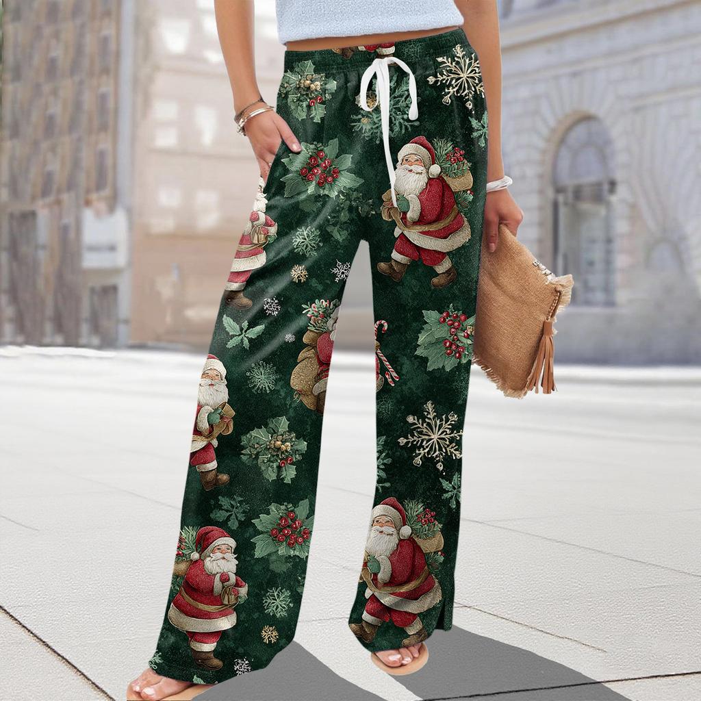 Ladies' Loose And Casual Christmas Printed Wide Leg Pants With Elastic Waistband Drawstring And Pocket Pants