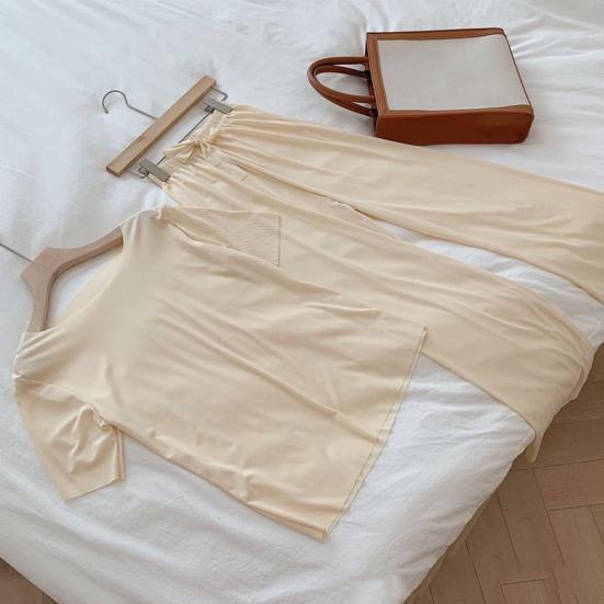 Casual Ice Silk Pajama Set with Round Neck T-shirt and Wide Leg Trousers