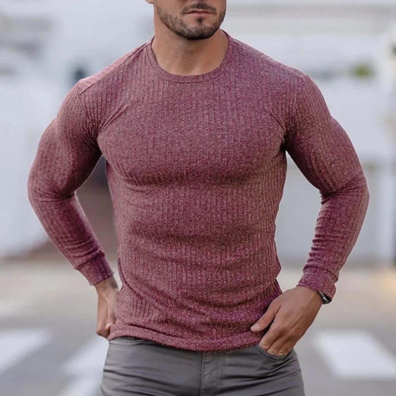 Muscleguys Spring Autumn Knitted Sports Long Sleeved Slim Fit Round Neck Running T-shirt Mens Casual Gym Training Bodybuilding Tees Shirt