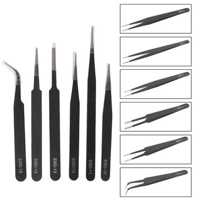 Stainless Steel Curved Straight Tip 6Pcs/Set Tweezers Set Anti Static for Watch Jewelry Mobile Phone Electronics Industrial Repair Tweezers Precision