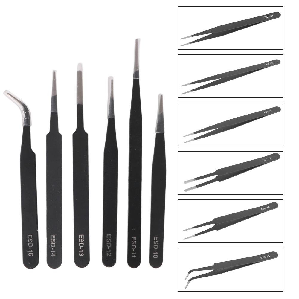 Stainless Steel Curved Straight Tip 6Pcs/Set Tweezers Set Anti Static for Watch Jewelry Mobile Phone Electronics Industrial Repair Tweezers Precision