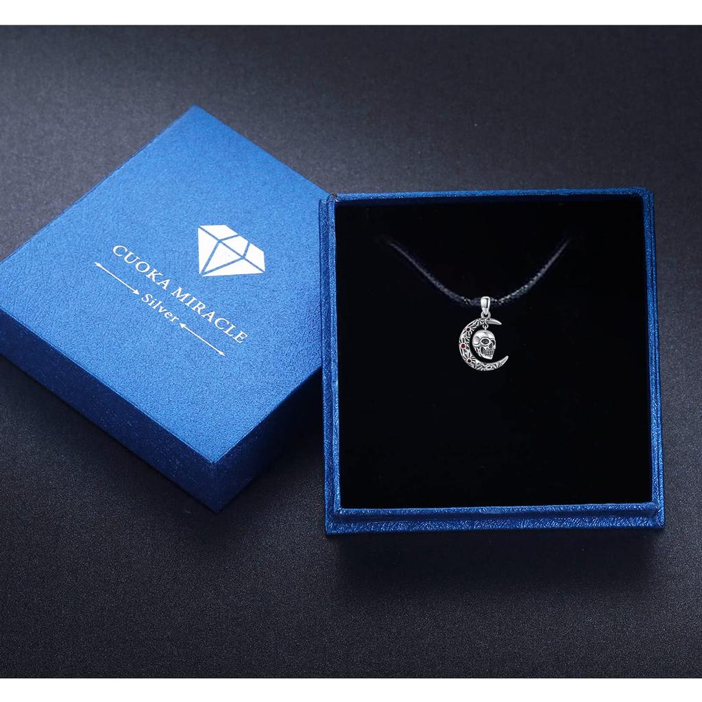 CUOKA MIRACLE Skull Necklace, 925 Sterling Silver, Moon, Crescent Moon Skull Jewelry Pendant Necklace, Gothic Skull Horror Jewelry, Gift for Women,