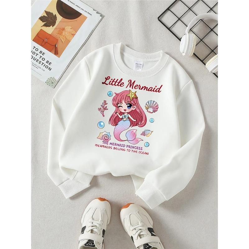European Sizes Cute Mermaid Princess Shell Starfish Girls' Fashionable Crewneck Sweatshirt, Western Top, Children's Long Sleeved Casual Tee