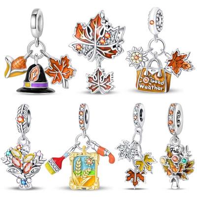 Damen Charm Serie Herbst-Ahornblatt Anhänger Kupferbeschichtet DIY Perlen für Pan Original Armband Schmuck Geburtstagsgeschenk