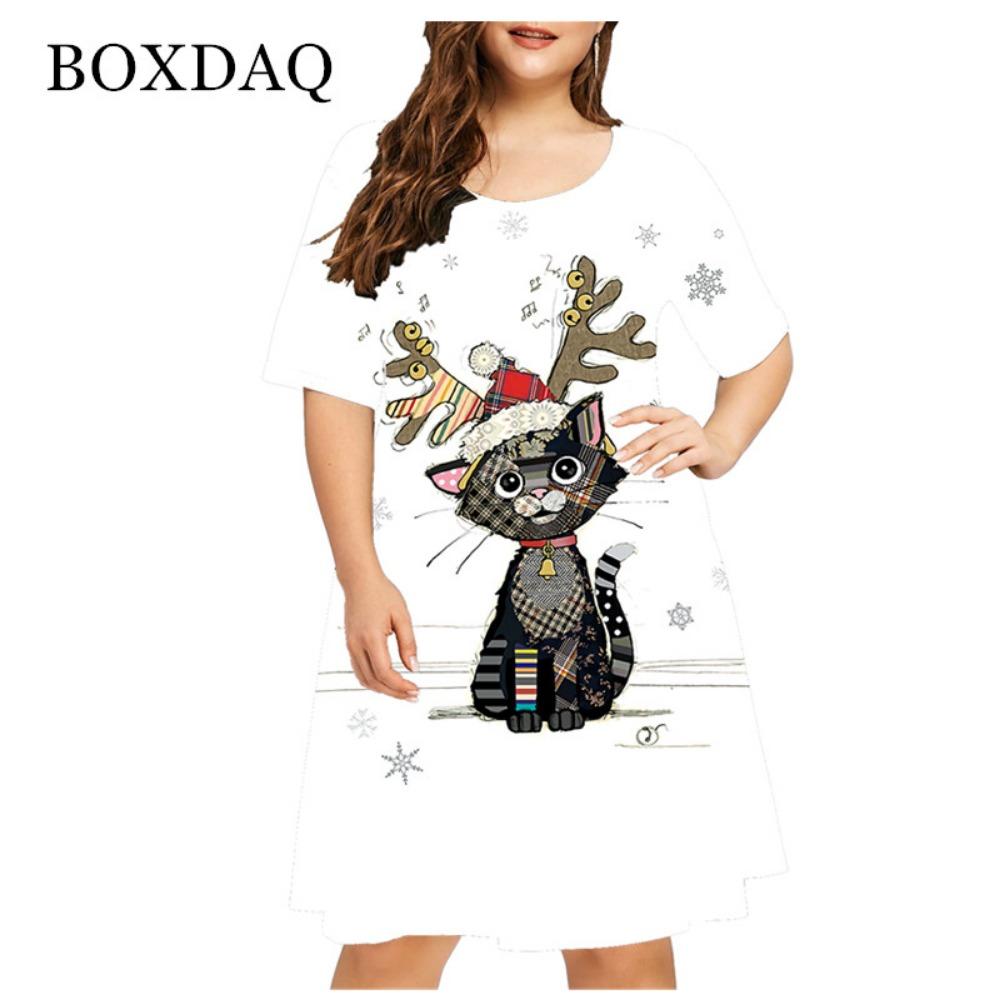 New  Summer Women Cute Cat Print Dress Casual Short Sleeve Ladies Mini Dress Street Fashion Plus Size Women Clothing