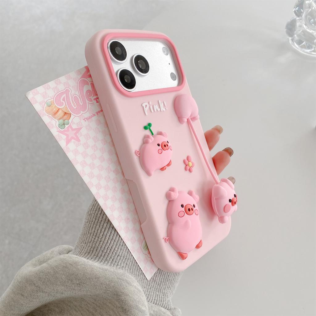 For iPhone 17 Pro Max Silicone Case Cute 3D Cartoon Pig Pendant Shockproof Phone Back Cover