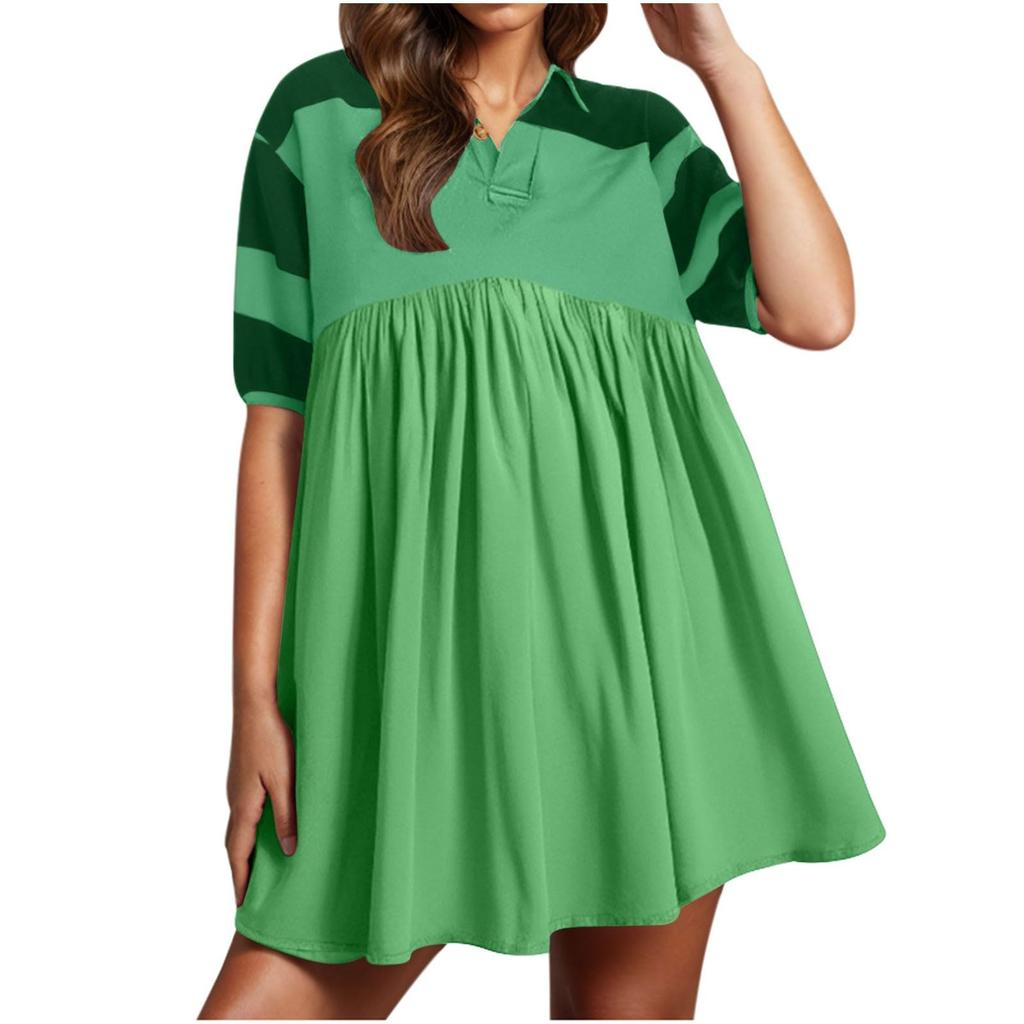 Women Babydoll Dress Striped Colorblock Pleated Oversized Short Sleeve Collar T-Shirt Dress