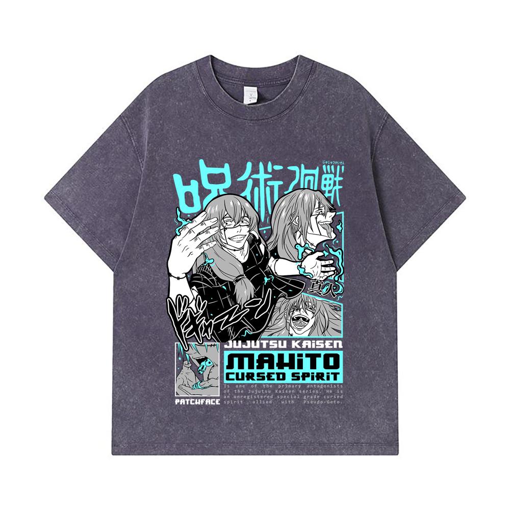 275 GSM Washed T-shirts 100% Cotton Jujutsu Kaisen V63 Mahito Print Unisex Heavy Cotton T Shirt