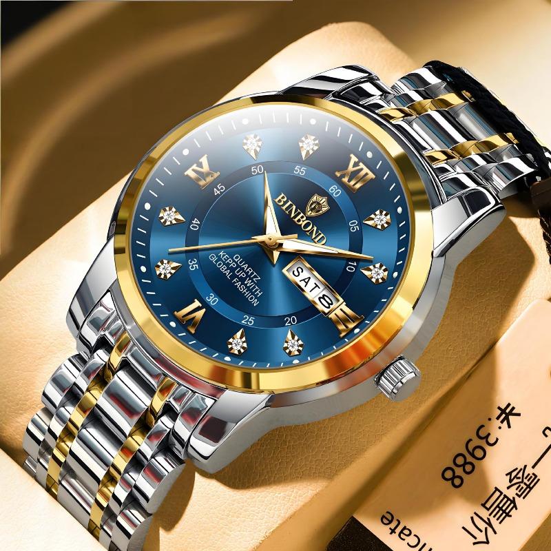 Binbang Quartz Movement Waterproof Luminous Business Fashion Double Calendar Diamond Steel Belt Butterfly Buckle Men's Watch