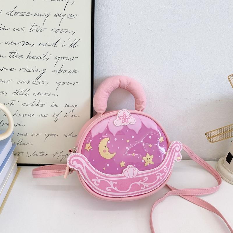 Solid Simple Color Star Moon Print Children Round Shape Crossbody Bag For Girl