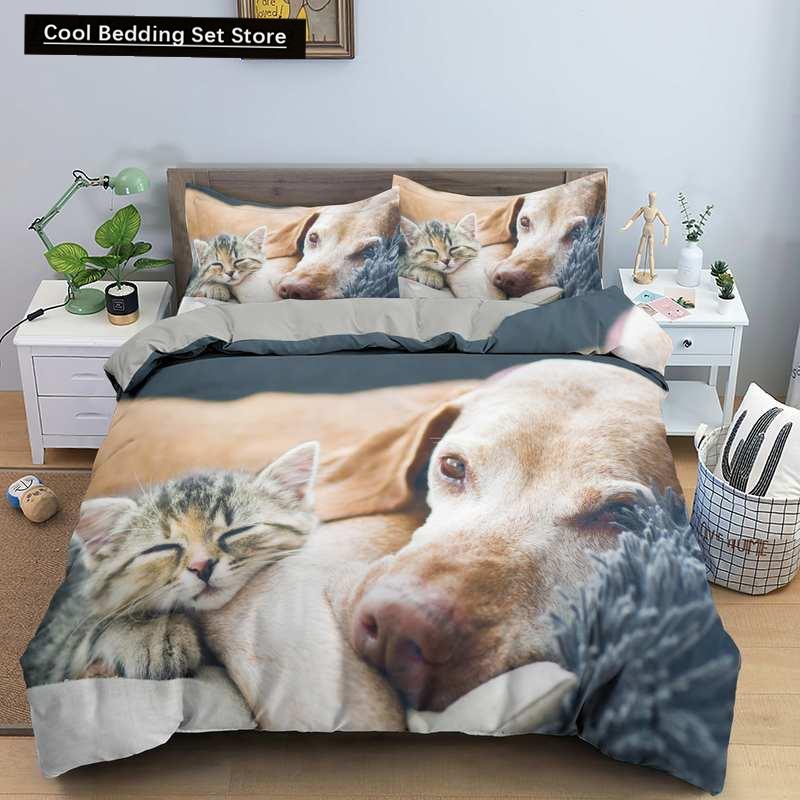 Dog Cat King Queen Duvet Cover Pet Kitty Puppy Bedding Set for Kids Teens Adults Lovely Animals Blue Soft 2/3pcs Quilt Cover
