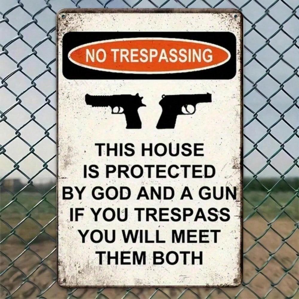 Rustic Metal No Trespassing Gun Sign Distressed Wall Decor For Garage Man Cave Second Amendment Gift 20x30