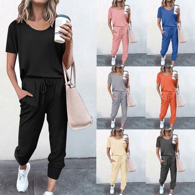 2Pc Women  Color Suit Short Sleeve Leisure Pocket Home Sweatpants Sets