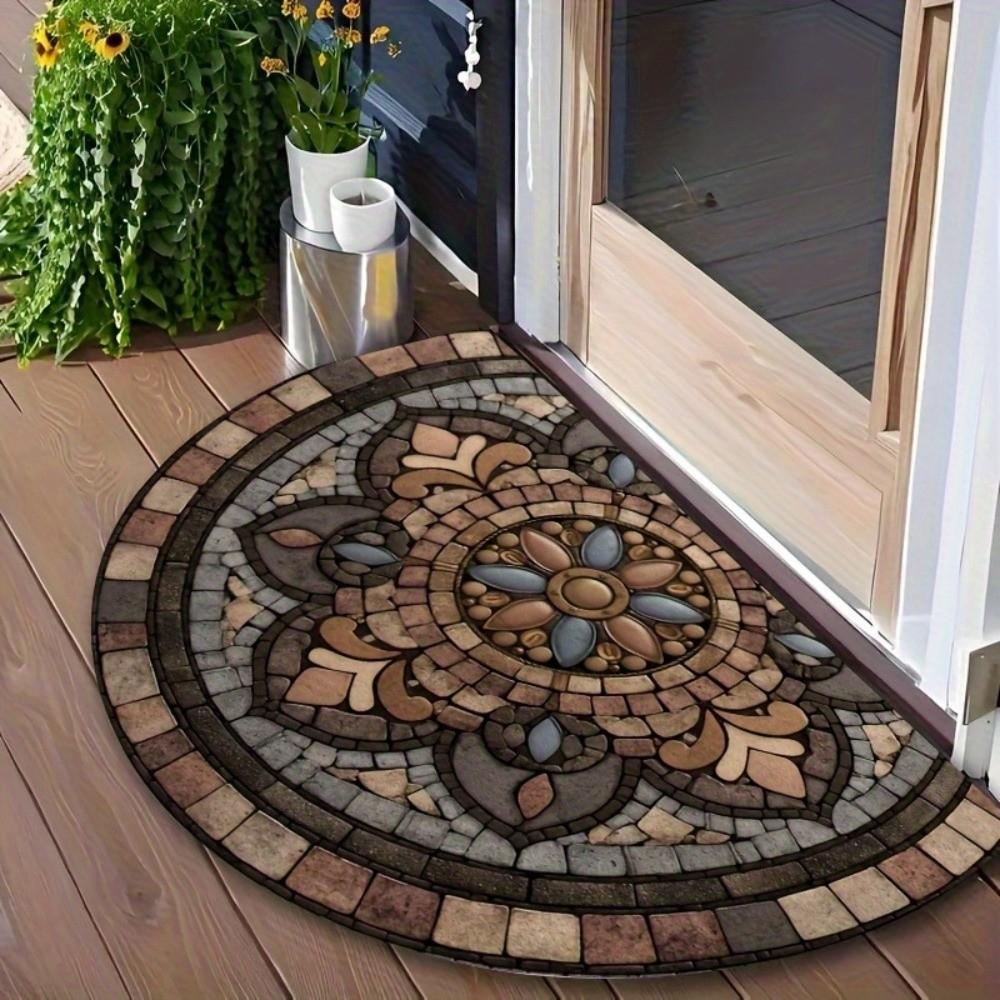 Thickened Non Slip Half Round Doormat Flower Floral Boho Door Mat Washable Absorbent Entrance Door Carpet Outdoor