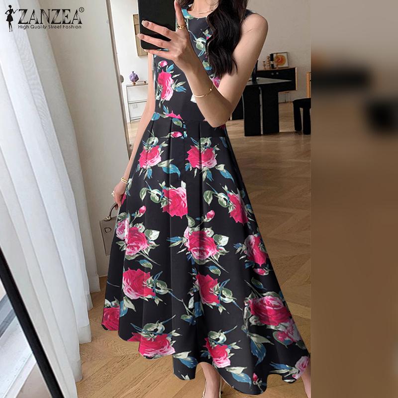 ZANZEA Women Summer Round Neck Casual Floral Print Sleeveless Dress