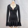 Women's Autumn and Winter Solid Color Low Neck Sexy Long Sleeve Ruffle Dresses