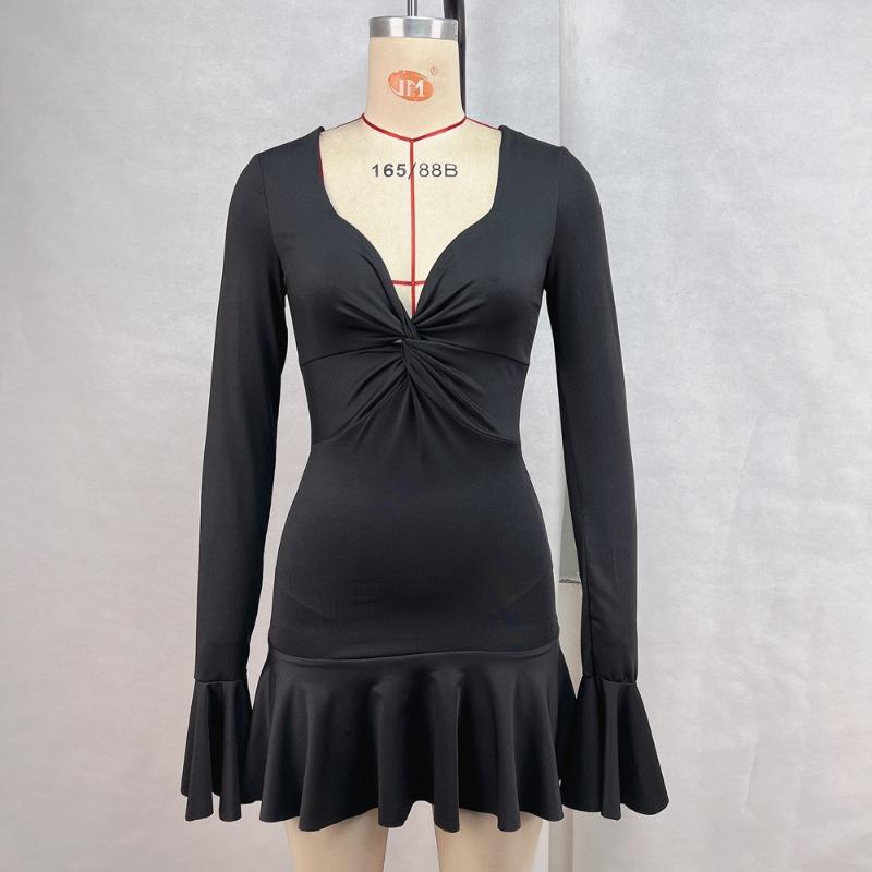 Women's Autumn and Winter Solid Color Low Neck Sexy Long Sleeve Ruffle Dresses