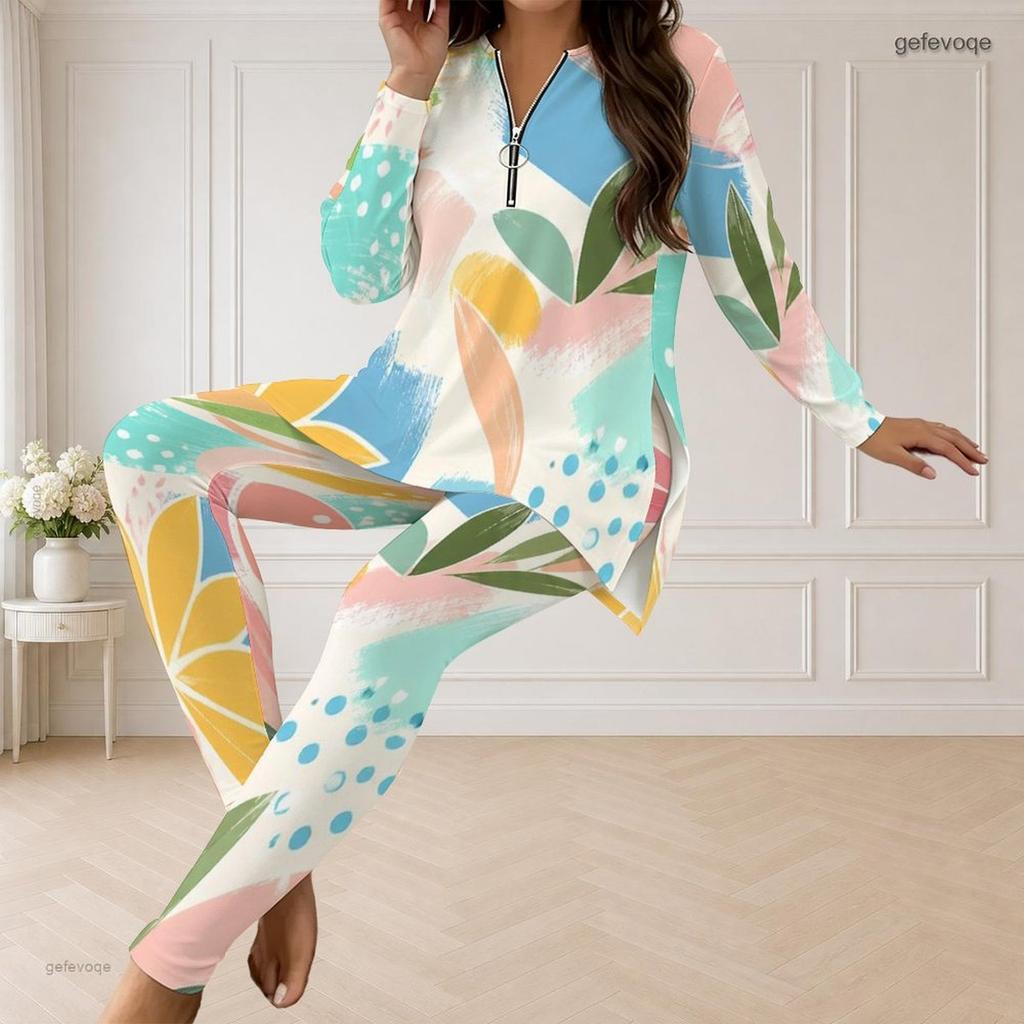 Women Plus Size Printed Half Zip Long Sleeve Longline Top And Fitted Pants Two Piece Set