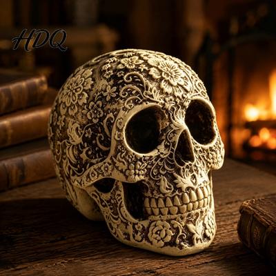 Handcrafted Resin Skull Decor Creative Flowers Sculpture Human Head Skeleton Statue Collectible Halloween Retro Style Desktop Accents Home