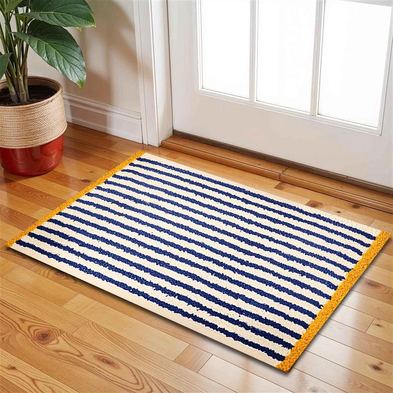 VIKAMA Classic Striped Hallway Doormat Blue Yellow And White Striped Minimalist Modern Decorative Rug Home Decor