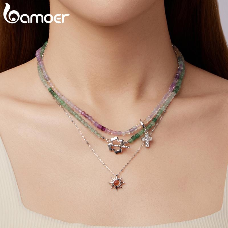 BAMOER Purple Crystal Necklace Colorful Transparent Basic Beads Chain for Women Teens Stacking Jewelry 925 Silver