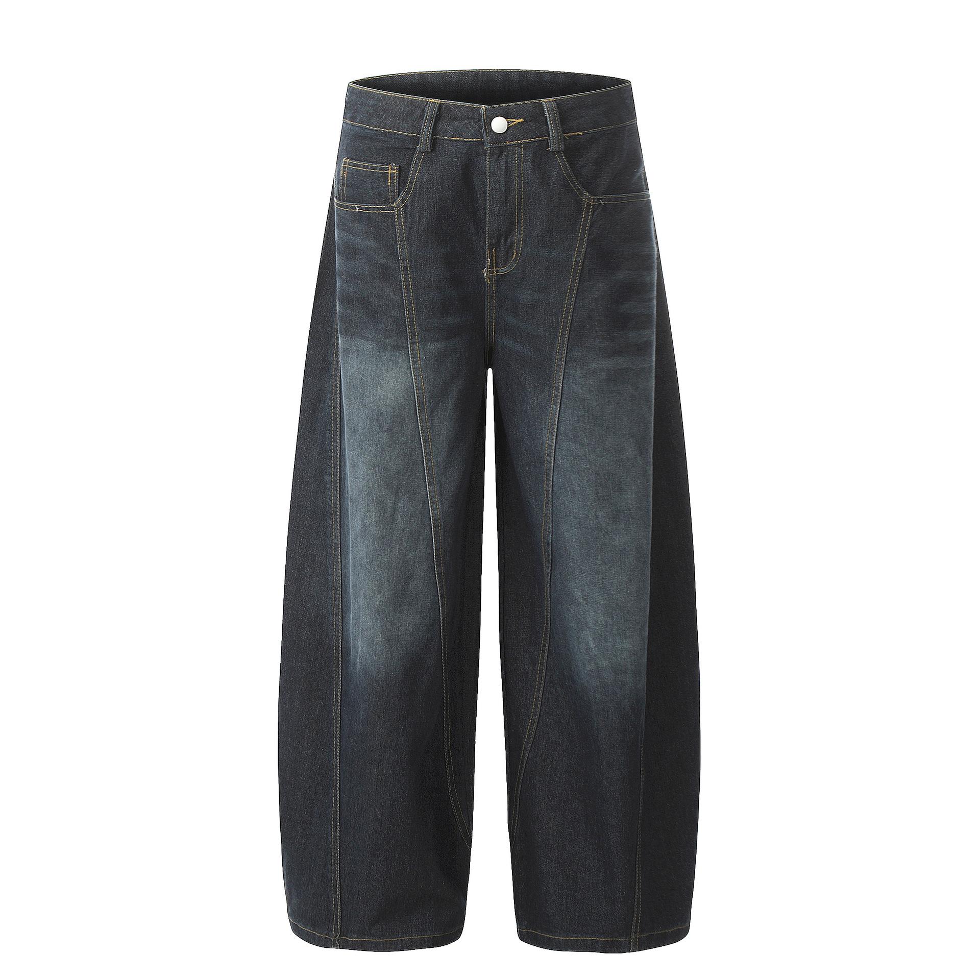 Trendy brand American retro vibe personalized splicing washed jeans men s wide-leg scimitar trousers S темно-синий