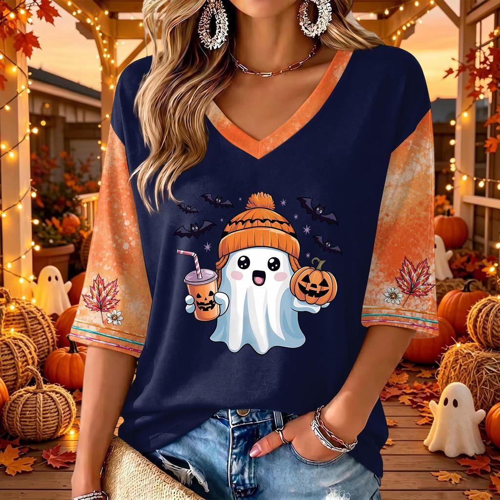 Women's V-Neck Casual Halloween Print Three-Quarter Sleeve Top for Fall Festive Occasions