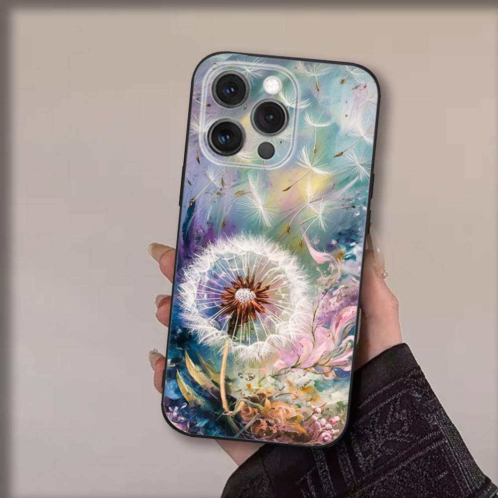 Art Dandelion Flowers Phone Case For iPhone 17,16,15,14,13,12,11,Pro,Max,Plus,Air,X,XS,XR,SE,8,7,Mini,Soft Black Funda iPhone15