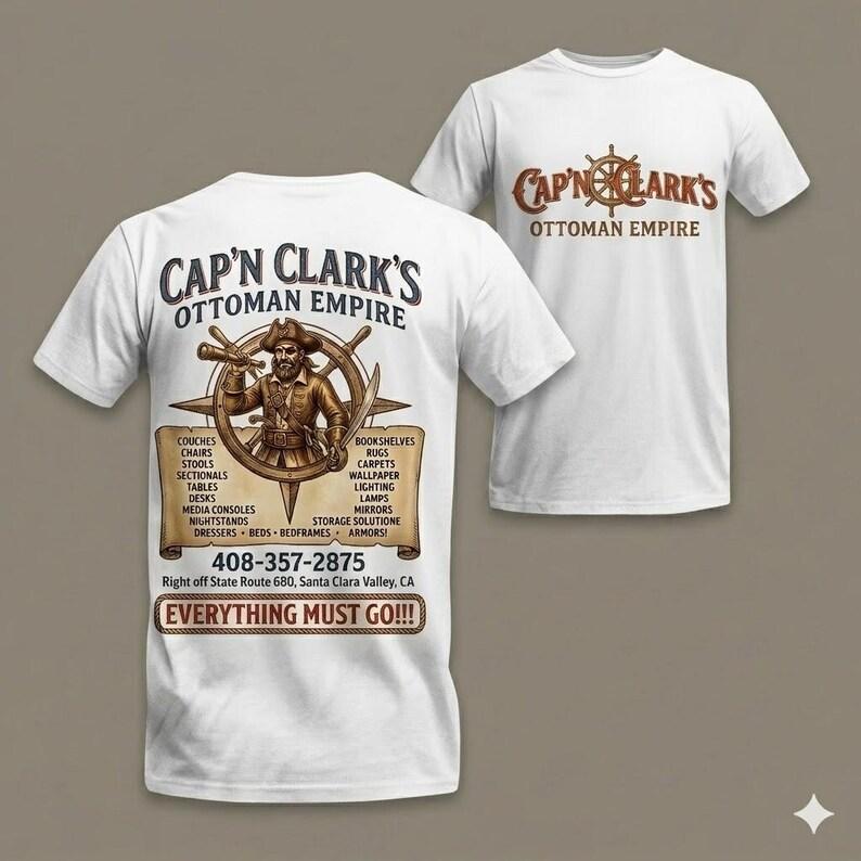 Cap n Clarks Ottoman Empire Shirt, Lustiges Möbel Wortspiel T-Shirt, Vintage Piraten Logo T-Shirt, Retro Workwear Parodie Shirt L
