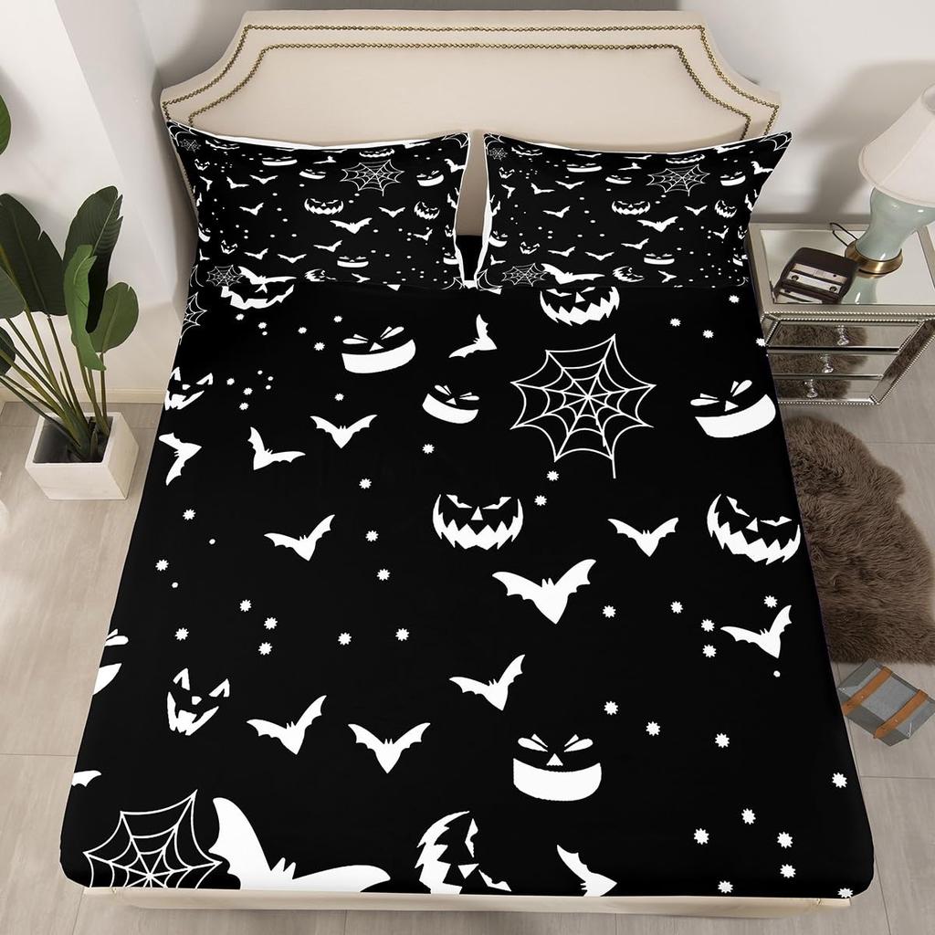 Gothic Spooky Bedding Set Pumpkin Lantern Cute Halloween Bed Sheets for Kids Boys Teens,Ghost Spiderwebs Fitted Sheet Black Cat Cobwebs Bats