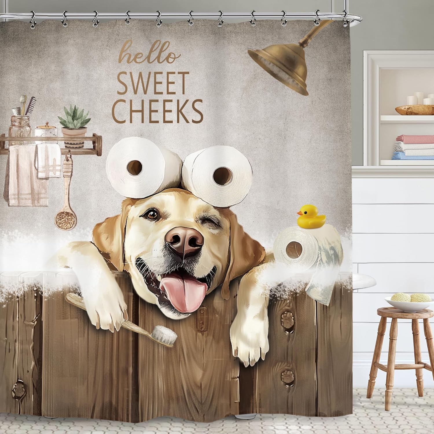

Funny Labrador Dog Shower Curtain, Hilarious Rustic Farmhouse Sweet Cheeks Animal Bathroom Decor 90x180CM