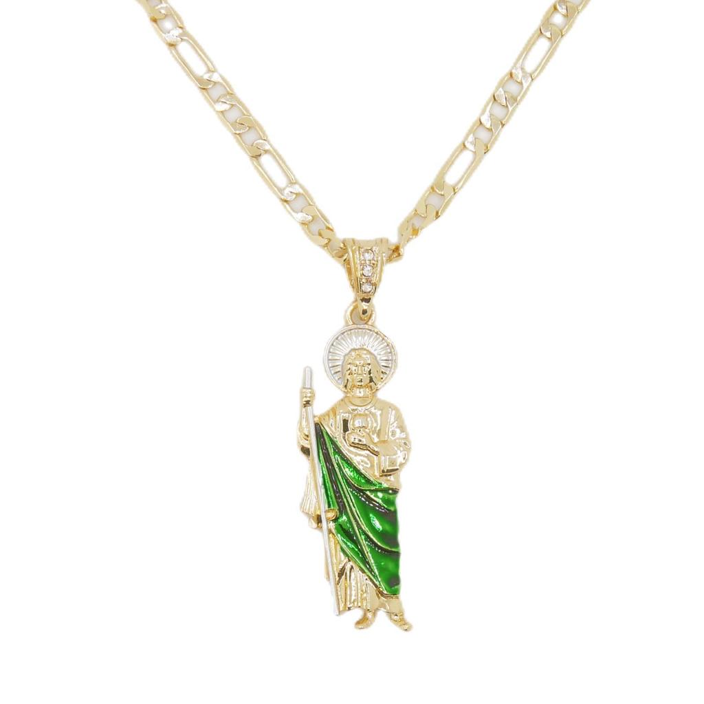 Collar de San Judas Chapado en Oro de 14K Colgante de San Judas Cadena Figaro