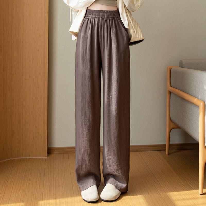 Women Elastic High Waist Linen Wide Leg Long Pants Loose Casual Floor Length Trousers with Pockets Summer Daily Vacation Soft Pants