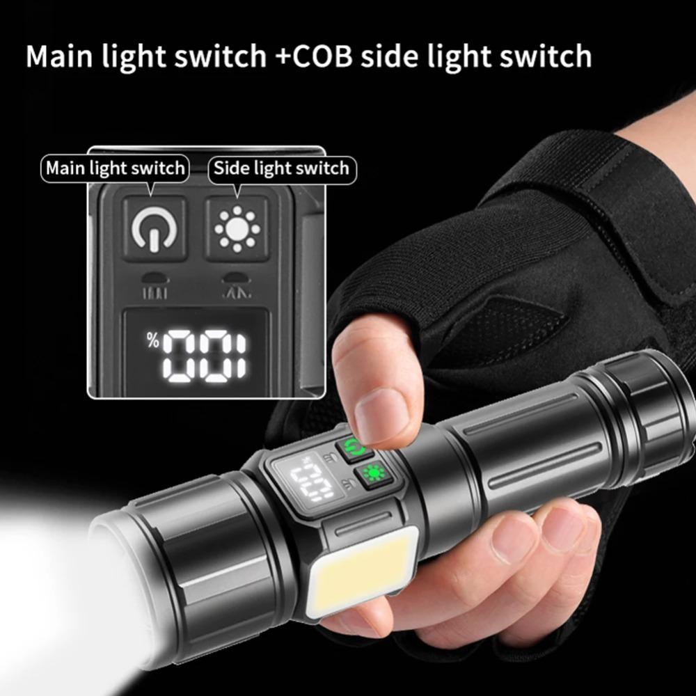 30W LED Rechargeable Flashlight 2000 High Lumens Torch with COB Light Handheld Flashlight for Home Camping Hiking Emergency