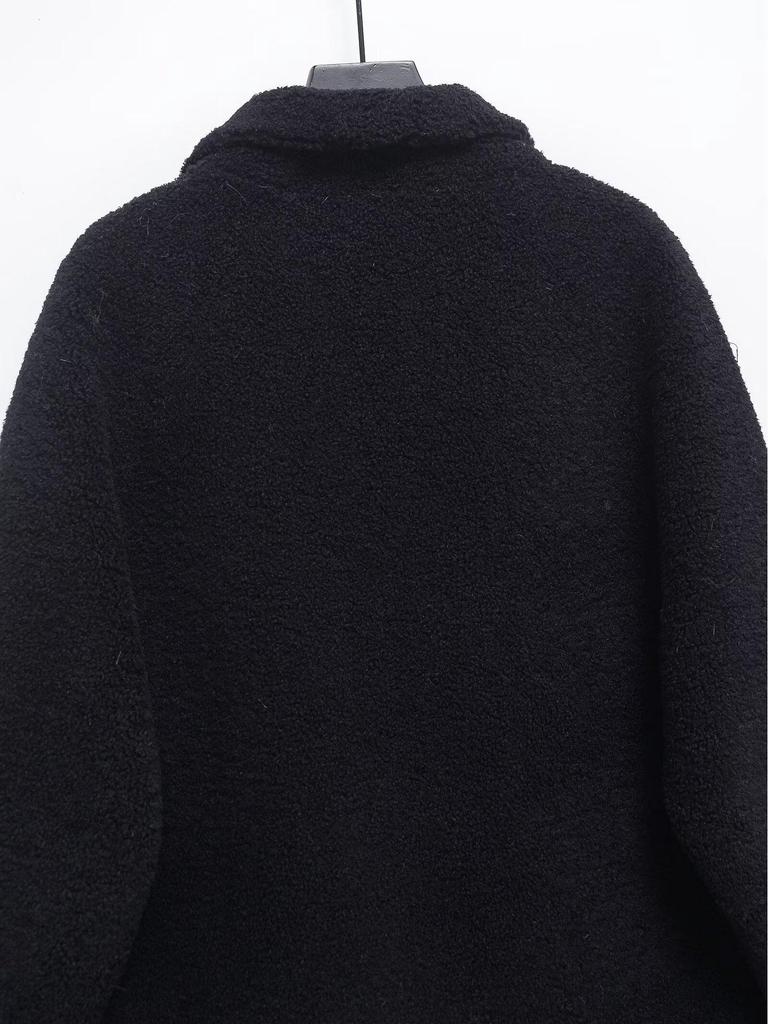 2024 Autumn/Winter Black Casual Fleece Long Sleeve Stand Collar Overcoat Jacket