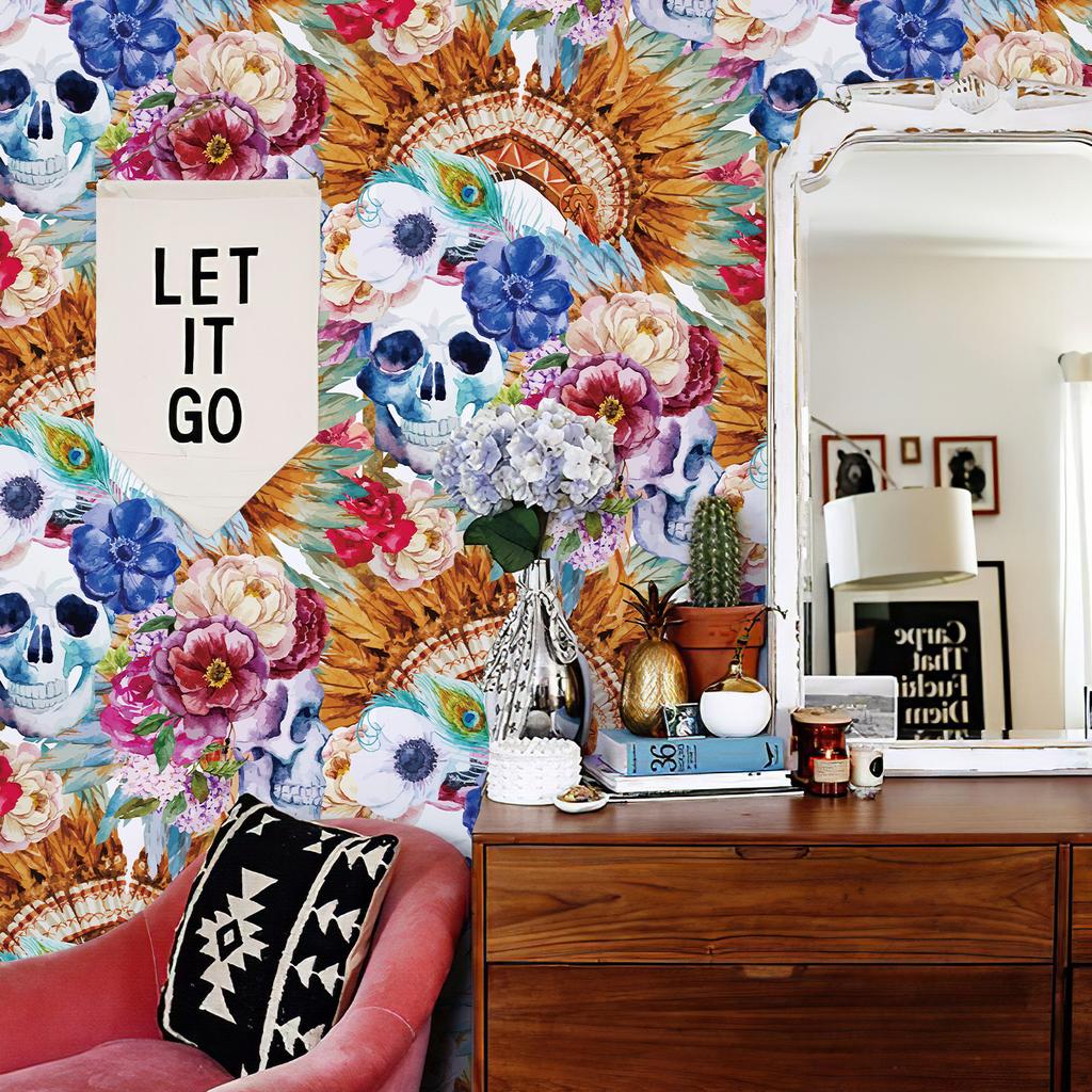 Colorful Skull Floral Halloween Wallpaper Chic Yellow Flower Peel And Stick Festival Wall Decor  Skeletons Cabinet Sticker