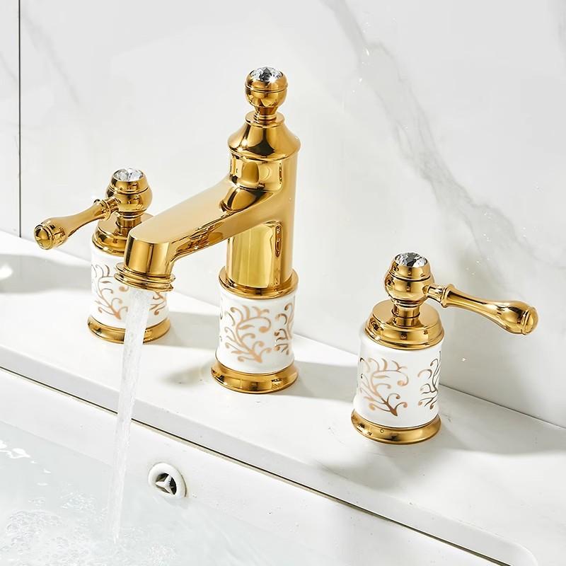 Tuqiu Gold Ceramic Bathroom faucet widespread Brass Basin faucet Tap luxury Basin Mixer Hot And Cold shower room sink Faucet