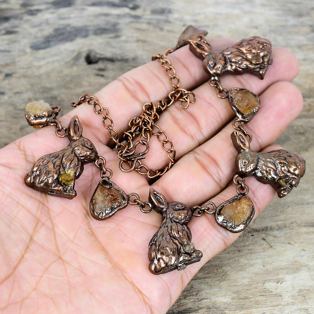Citrine rough necklace electroformed copper adjustable chain necklace handmade jewelry rabbit necklace for gifts original gemstone jewelry