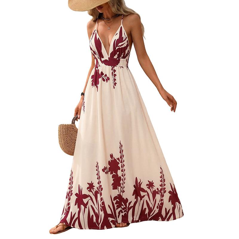 Women's Summer Boho Wedding Guest Dress Flowy Maxi Backless Sundress Beach Dress Hawaiian Vacation Outfits