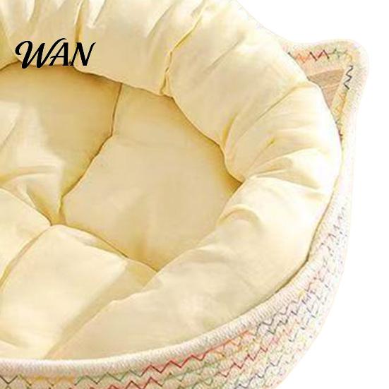 Panier Nid de Couchage pour Chat Corde de Coton Animal de Compagnie avec Design d'Oreilles Tissé à la Main pour Chats Chiots Lapins Petits Animaux Coussin