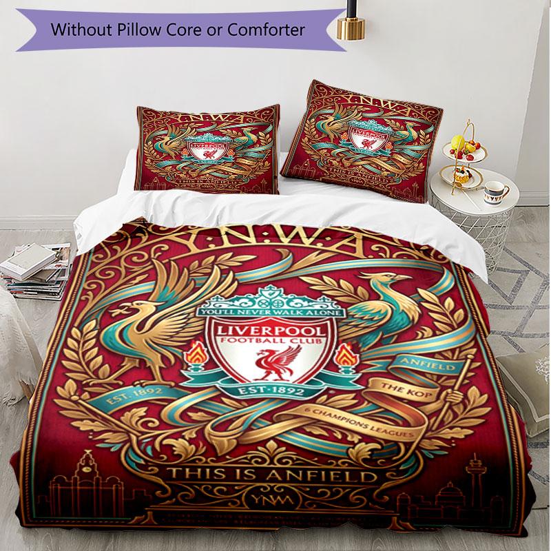 Parure de lit 3 pièces avec housse de couette (1*Housse de couette + 2*Taie d'oreiller, sans noyau), Ensemble de literie doux toutes saisons avec impression du Liverpool Football Club, Décoration de chambre à coucher à la maison Cadeau
