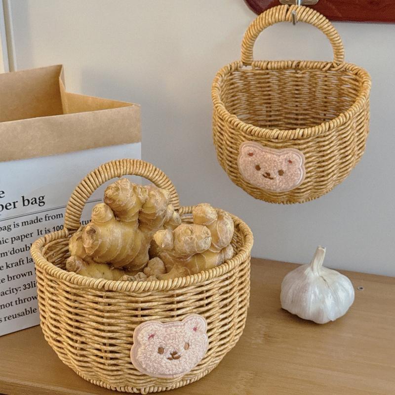 Kitchen Storage Basket With Handle Cute Wall Hanging Woven Basket Kawaii Hanging Storage Basket Kitchen Sundries Organizer